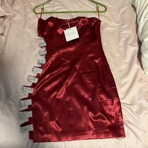 Meshki Diamanté red satin strapless dress